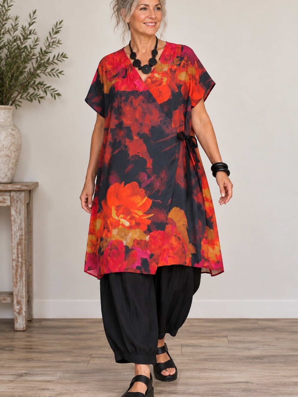 Bryn Walker Floral Wrap Tunic Lagenlook Art to Wear